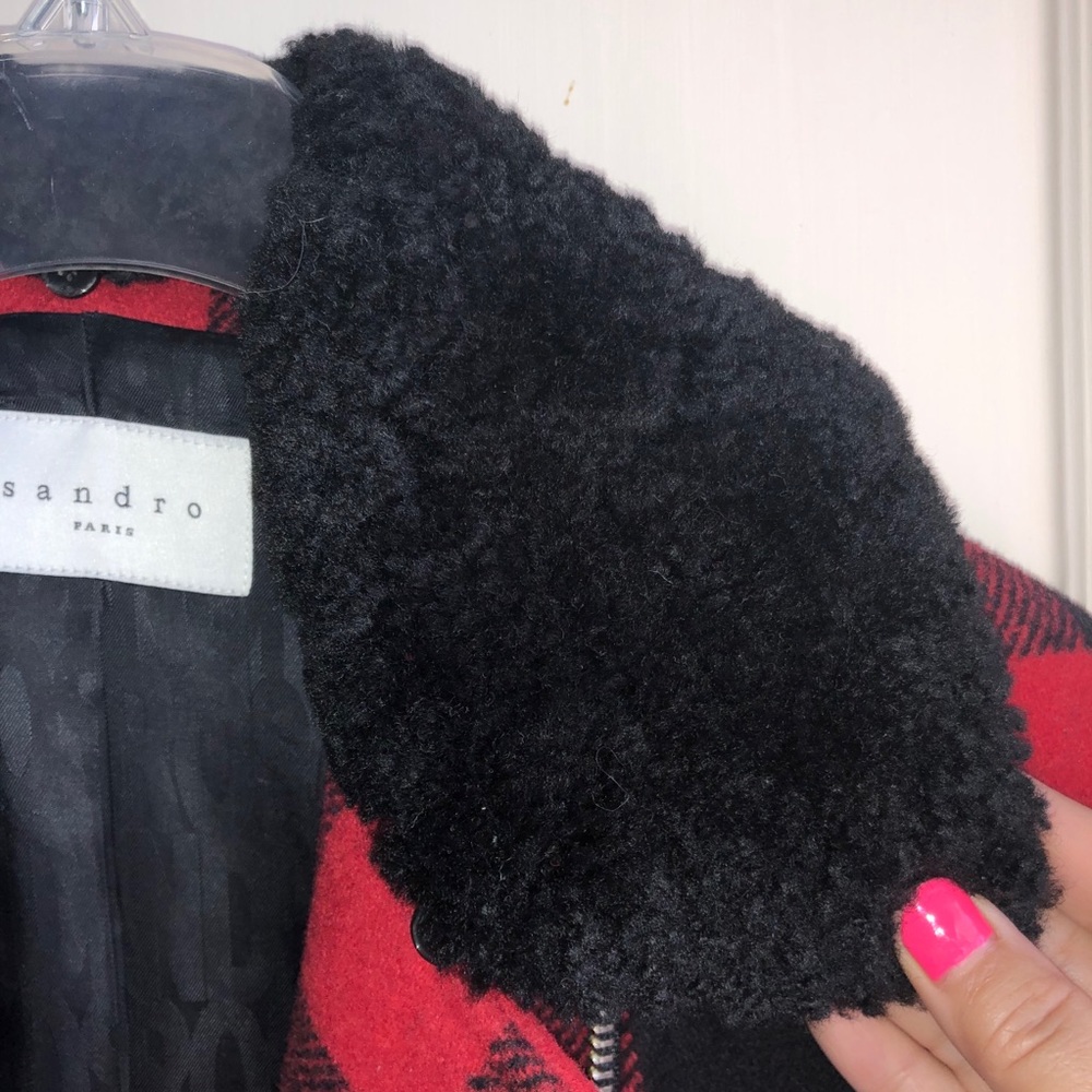 NWT Sandro Minds Shearling Red Plaid Moto Jacket - Picture 7 of 10